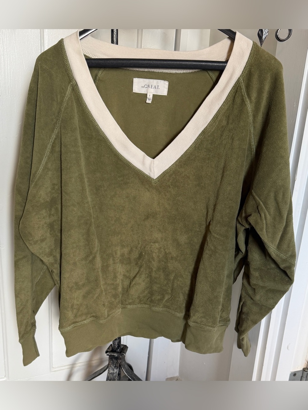 The Great, V neck olive sweatshirt